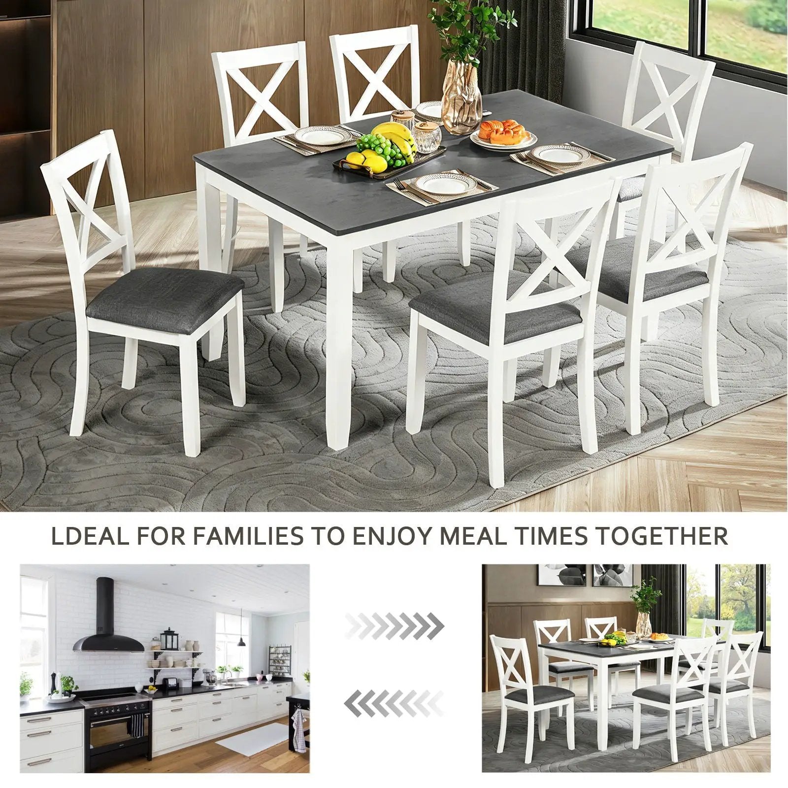 Kitchen Dining Set Rectangular Dining Table 6-Piece with white chairs and grey cushions on Tampa Home & Garden Store