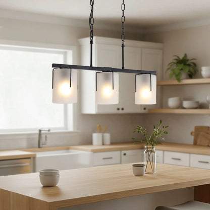 Adjustable cylindrical pendant light with four frosted glass shades on a black metal frame on Tampa Home & Garden Store