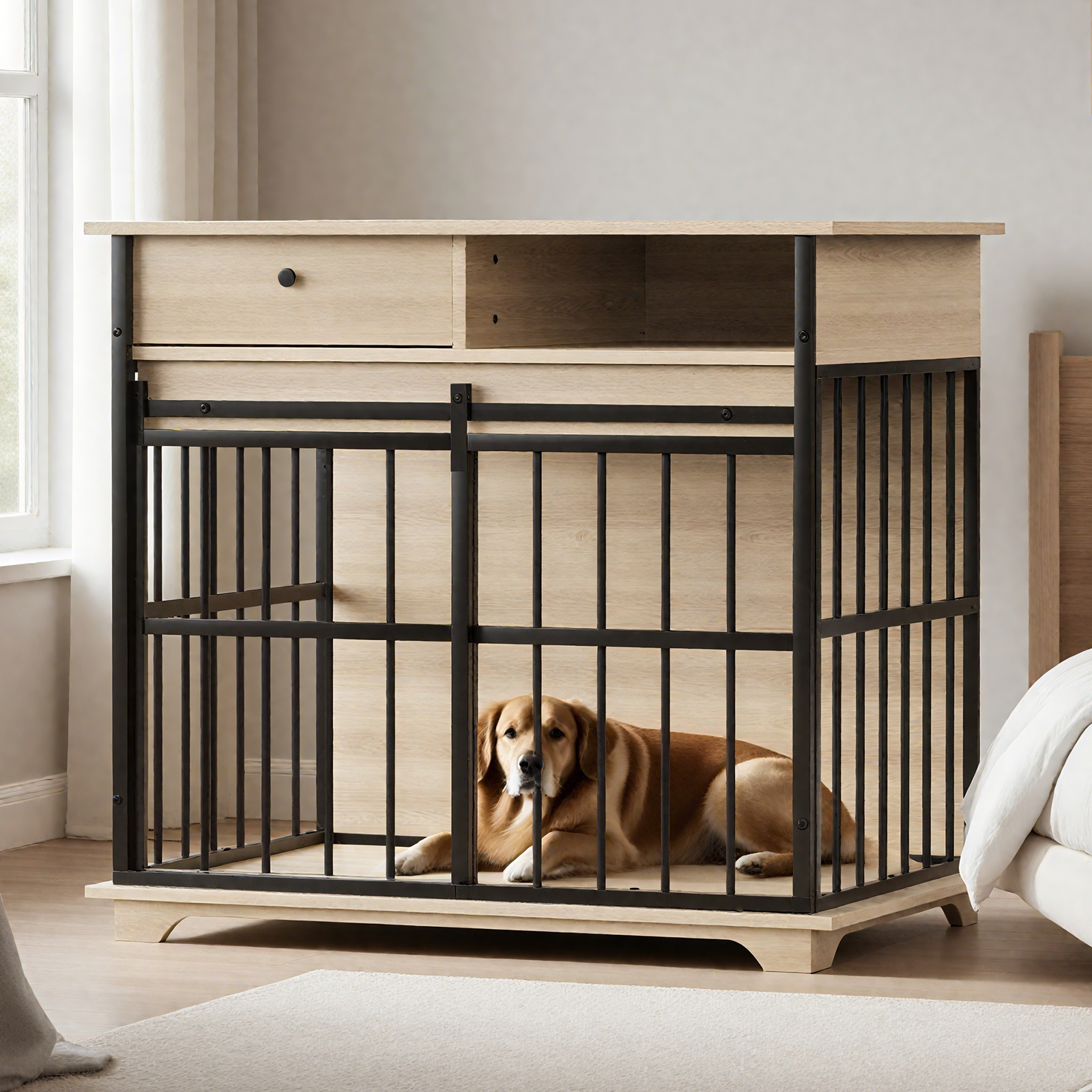 Dog cage furniture for small dogs by HouseOfZazla with oak wood top and black metal frame on Tampa Home & Garden Store