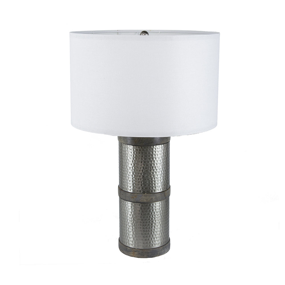 Table lamp with hammered iron base and mango wood accents, white drum shade by HouseOfZazla on Tampa Home & Garden Store