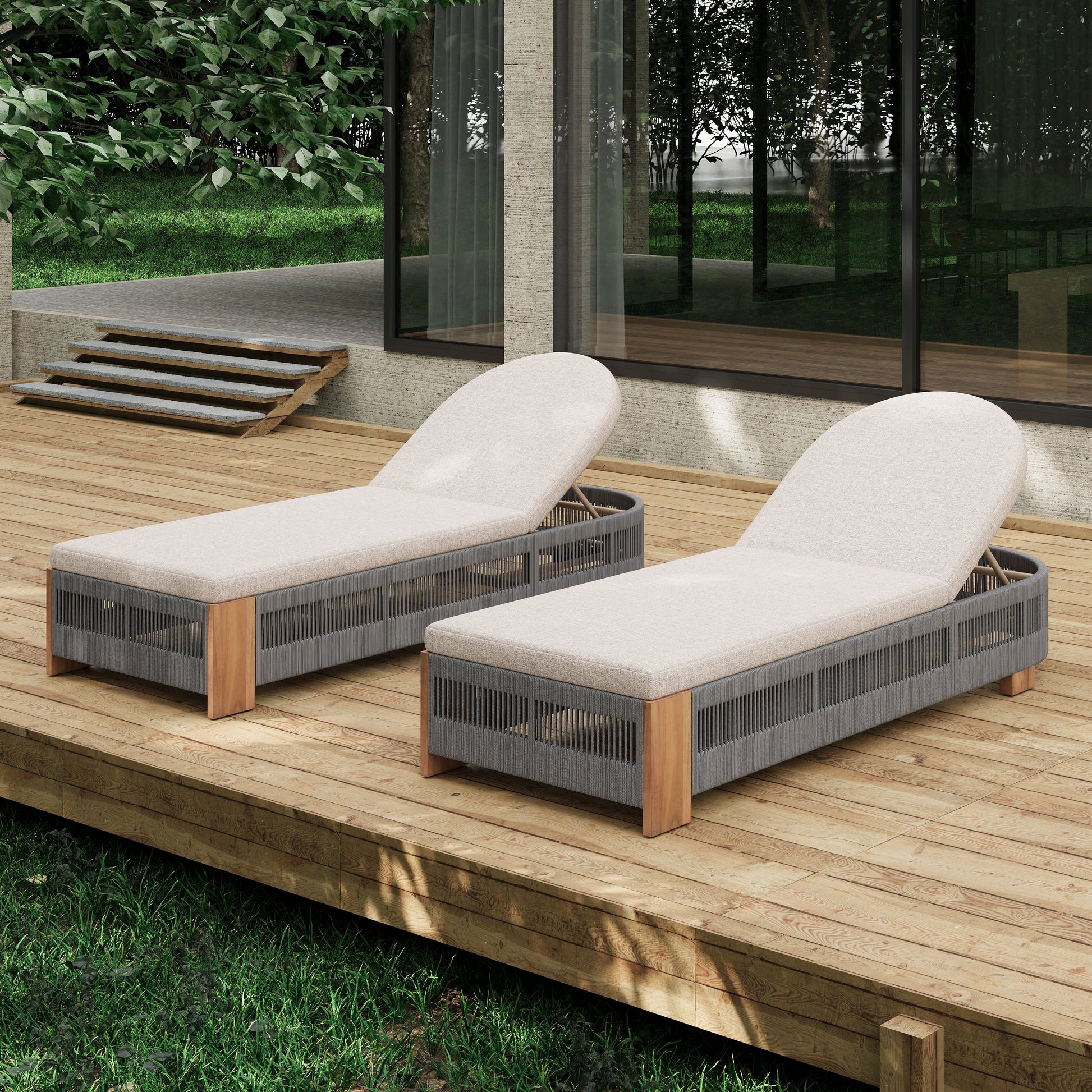 Outdoor chaise lounge chairs with adjustable backs and beige cushions on a deck with wicker on Tampa Home & Garden Store