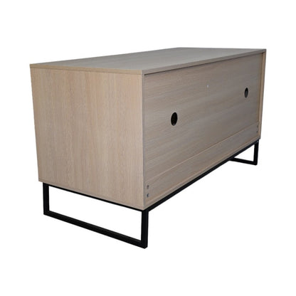 Modern wooden cat house with two circular access holes and black metal legs on Tampa Home & Garden Store