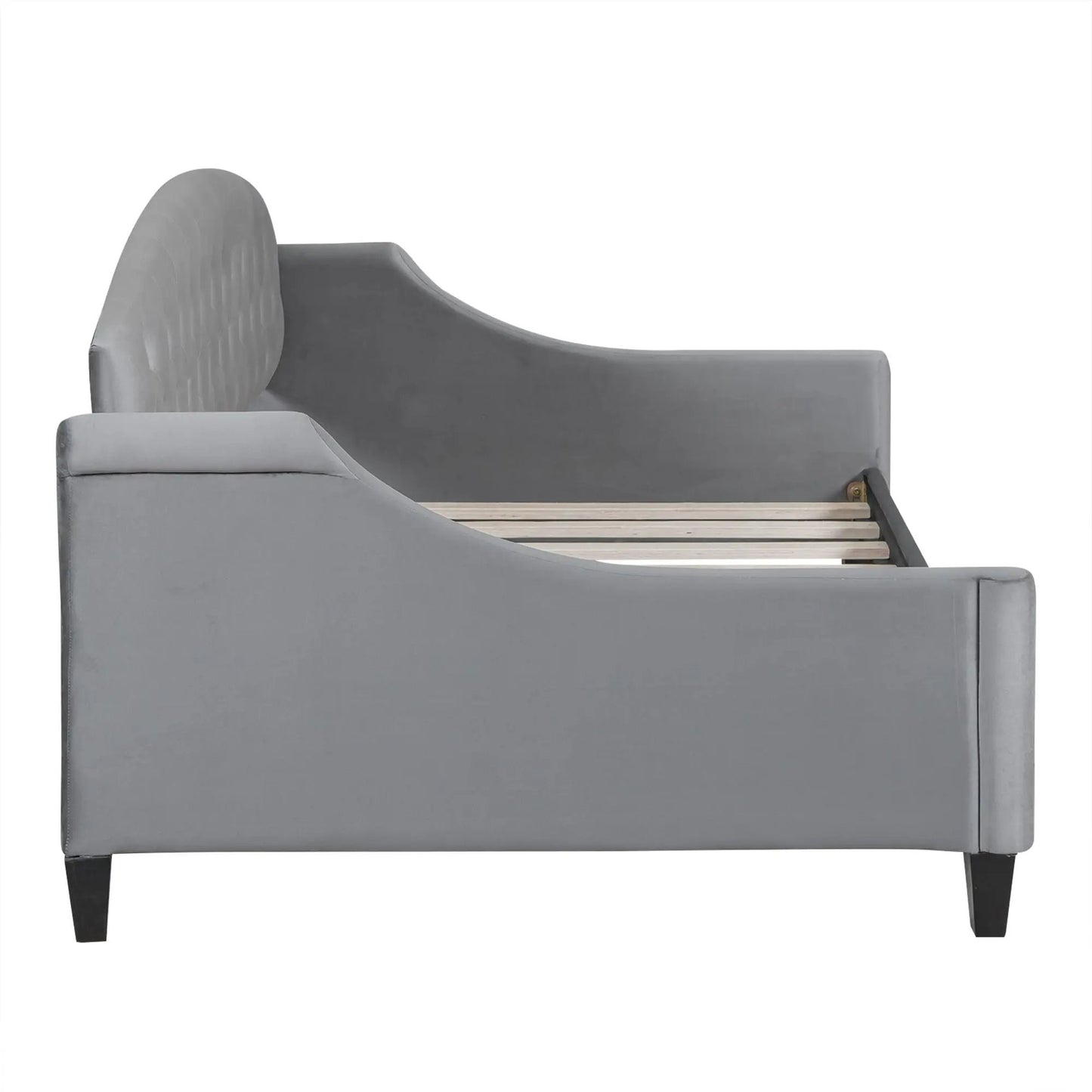 Modern tufted button daybed in gray with curved back and tapered legs by Unique Piece Furniture on Tampa Home & Garden Store