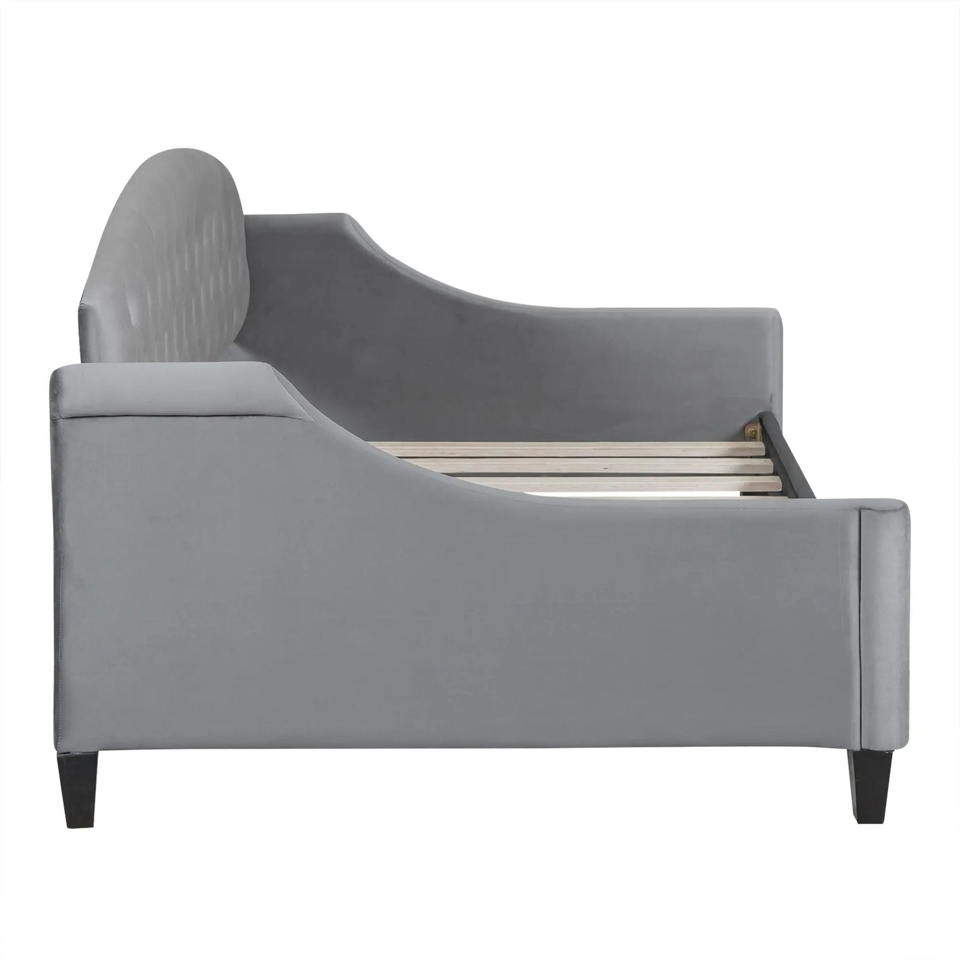 Modern tufted button daybed in gray with curved back and tapered legs by Unique Piece Furniture on Tampa Home & Garden Store