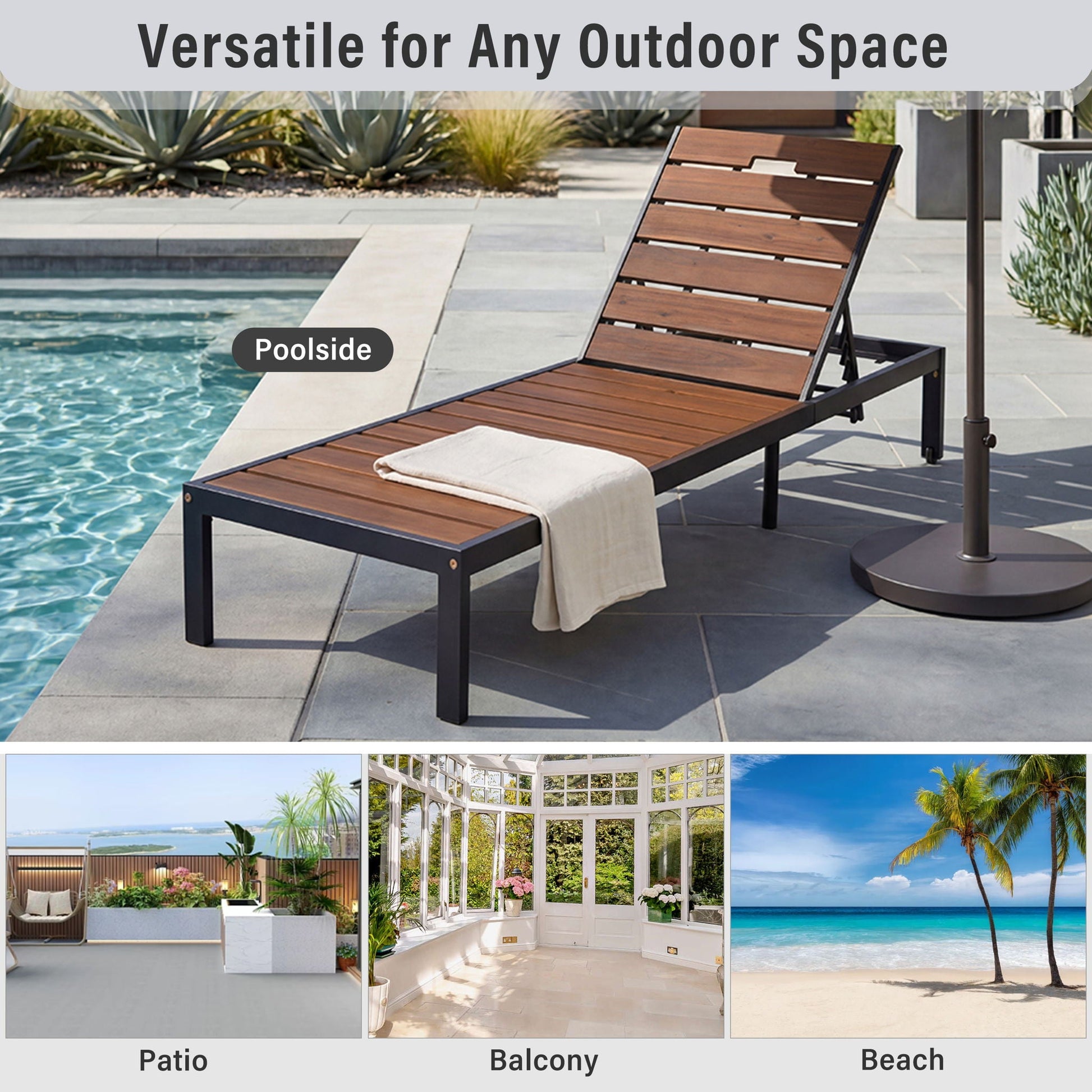 Outdoor chaise lounge by HouseOfZazla with wood slats and adjustable backrest poolside on Tampa Home & Garden Store