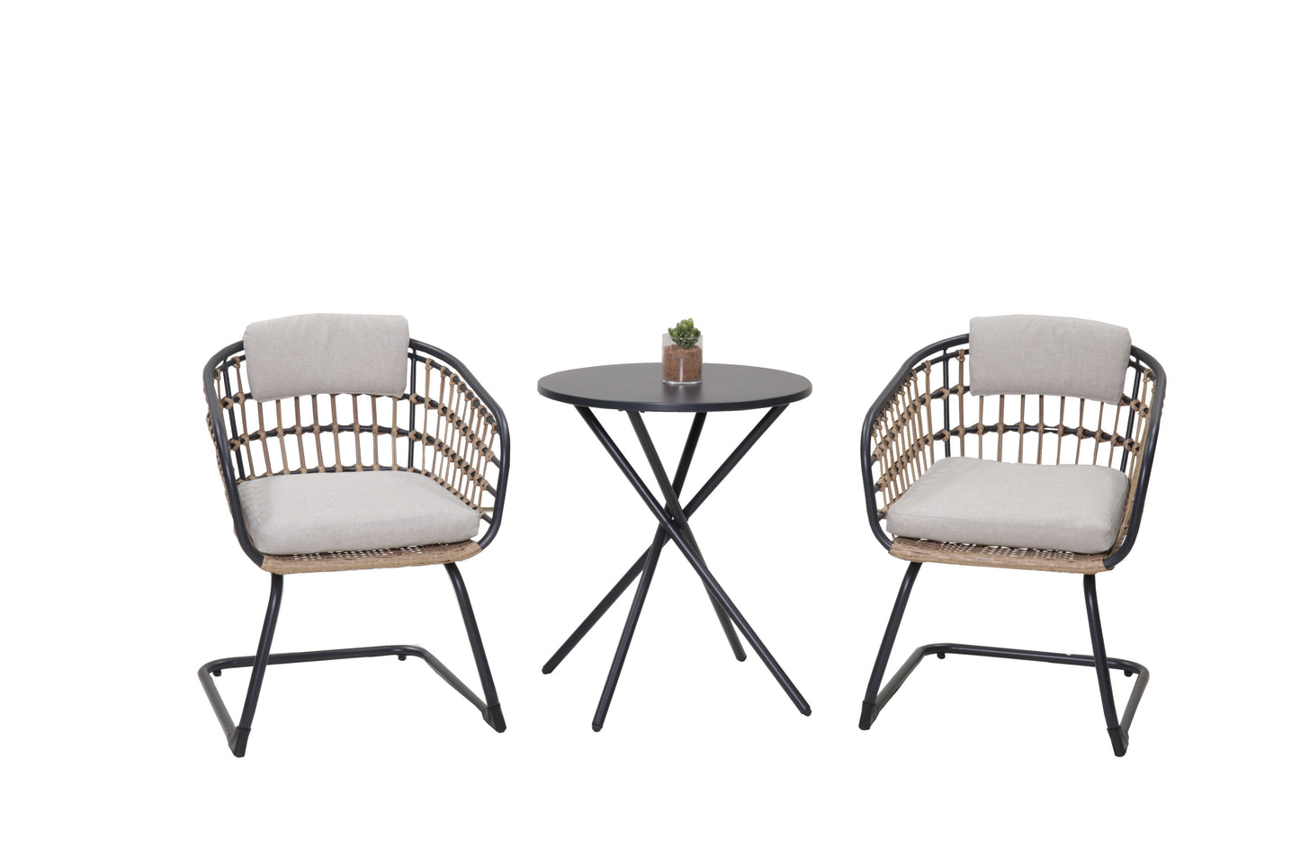 3-Piece Outdoor Wicker Bistro Set two chairs with cushions and black table HouseOfZazla on Tampa Home & Garden Store