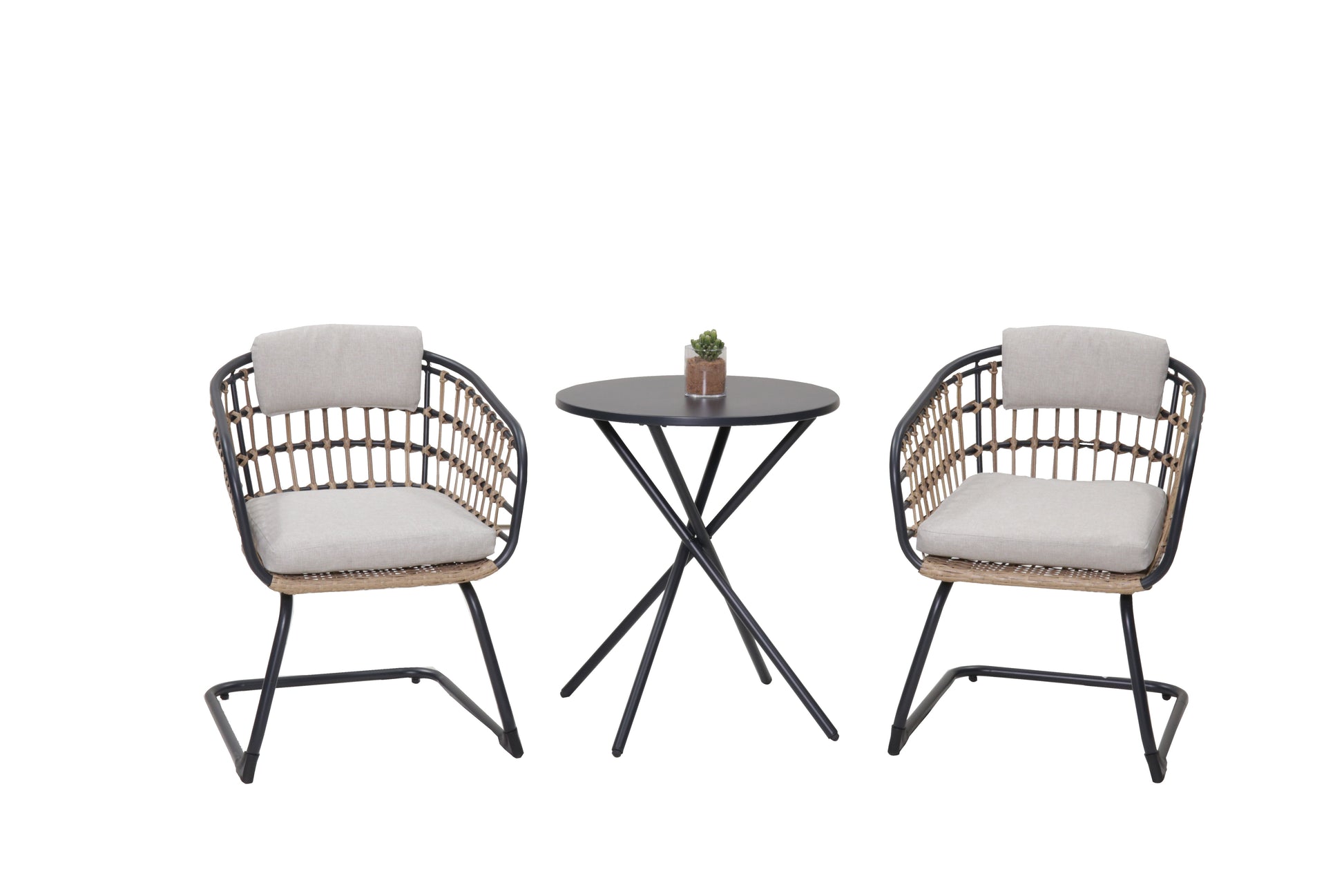 3-Piece Outdoor Wicker Bistro Set two chairs with cushions and black table HouseOfZazla on Tampa Home & Garden Store