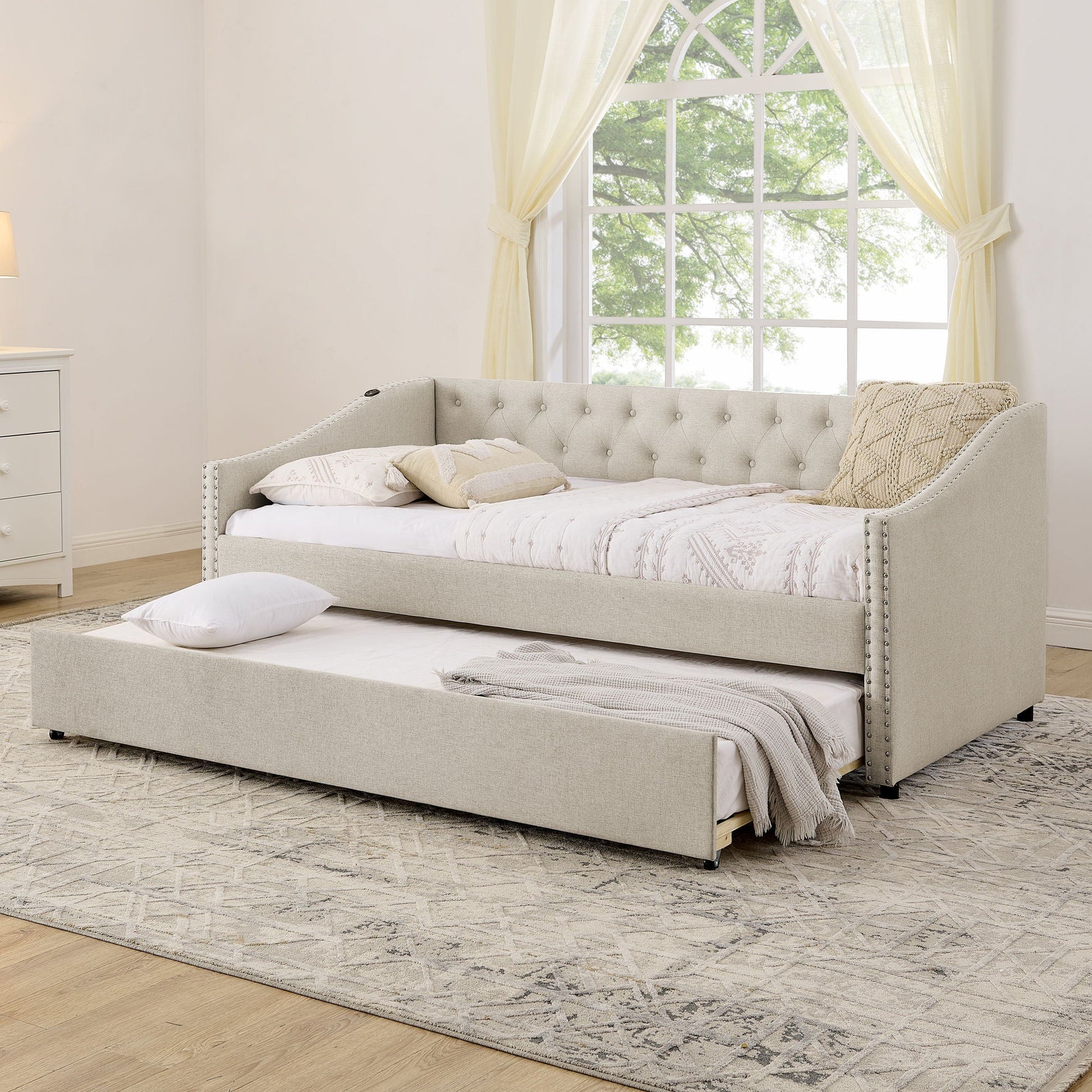 HouseOfZazla upholstered daybed with USB charging and pull-out trundle in light gray fabric on Tampa Home & Garden Store