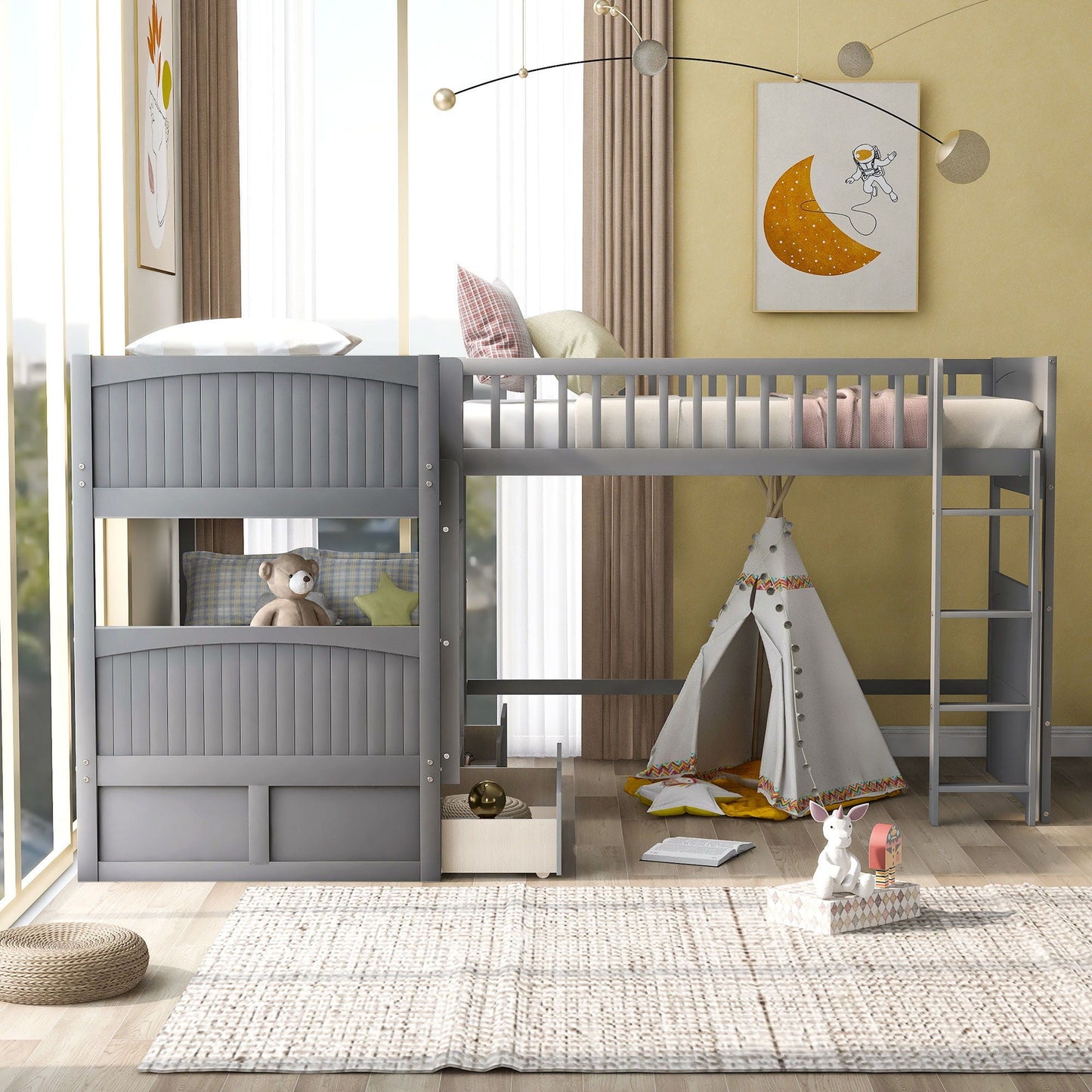 Bunk Bed With Loft And 2 Drawers gray finish by HouseOfZazla, twin bunk with 2 drawers on Tampa Home & Garden Store