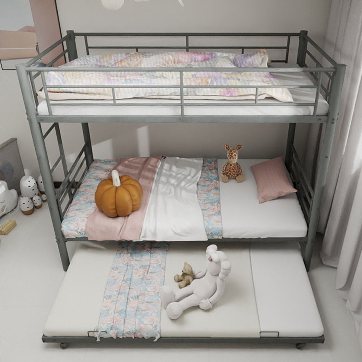HouseOfZazla gray metal bunk bed for kids with twin bunks, ladders and guardrails on Tampa Home & Garden Store
