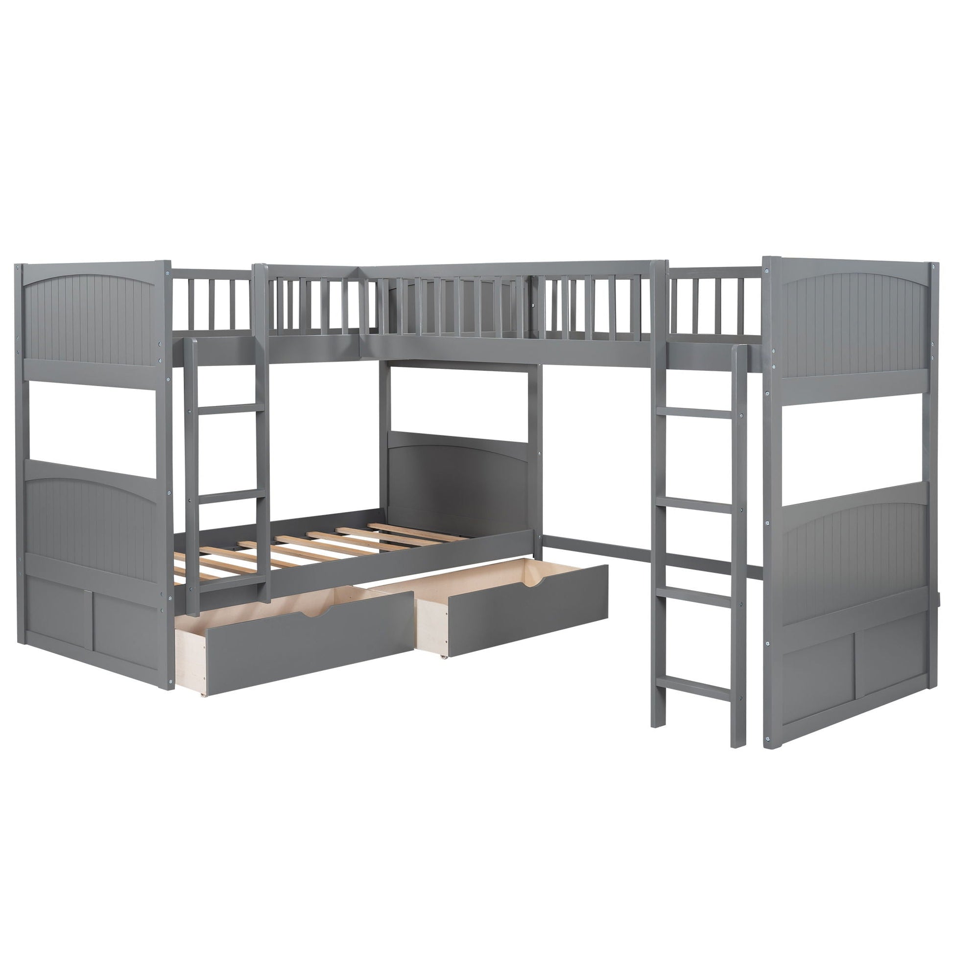 Gray bunk bed with loft and two under-bed drawers, wood slat construction on Tampa Home & Garden Store