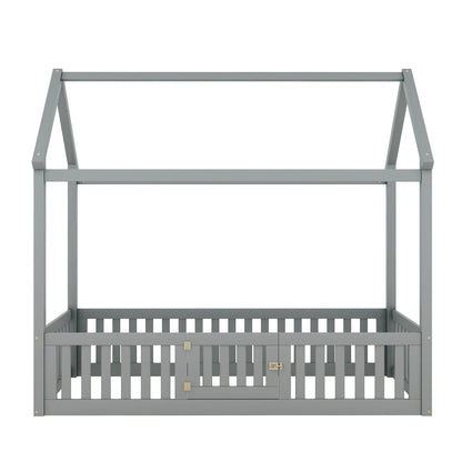 Wood House Bed with Fence and Door Sky Roof