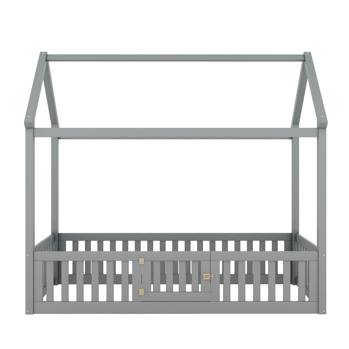 Wood House Bed With Fence And Door platform bed frame in gray wood by HouseOfZazla on Tampa Home & Garden Store