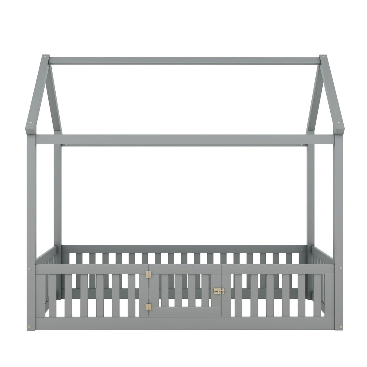 Wood House Bed With Fence And Door platform bed frame in gray wood by HouseOfZazla on Tampa Home & Garden Store