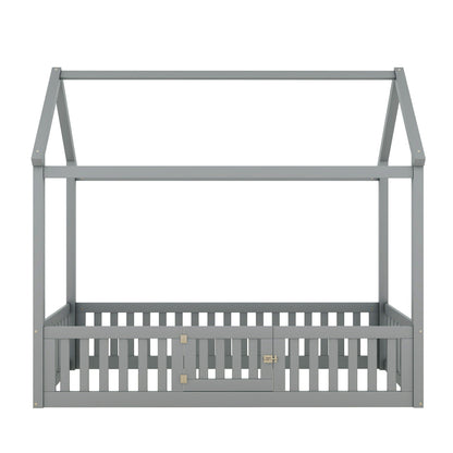 Wood House Bed With Fence And Door platform bed frame in gray wood by HouseOfZazla on Tampa Home & Garden Store
