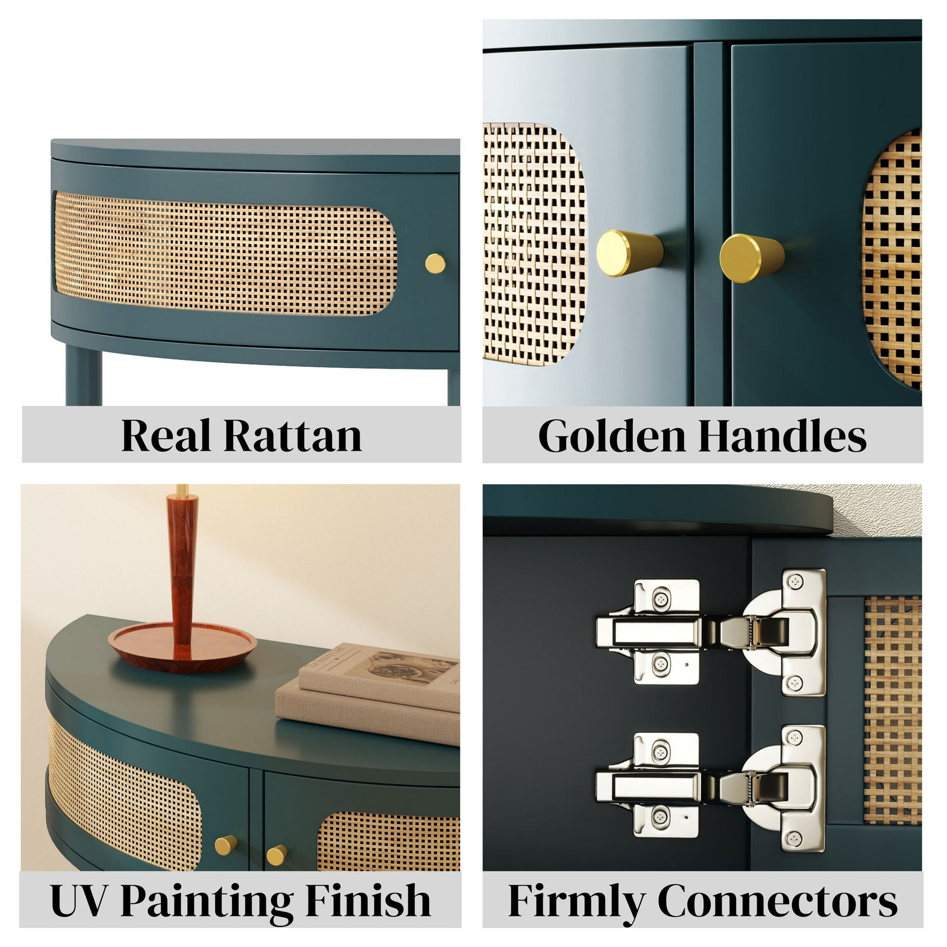 Boho rattan semi-circle end table with sliding door, storage shelf and golden knobs on Tampa Home & Garden Store