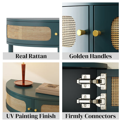 Boho rattan semi-circle end table with sliding door, storage shelf and golden knobs on Tampa Home & Garden Store