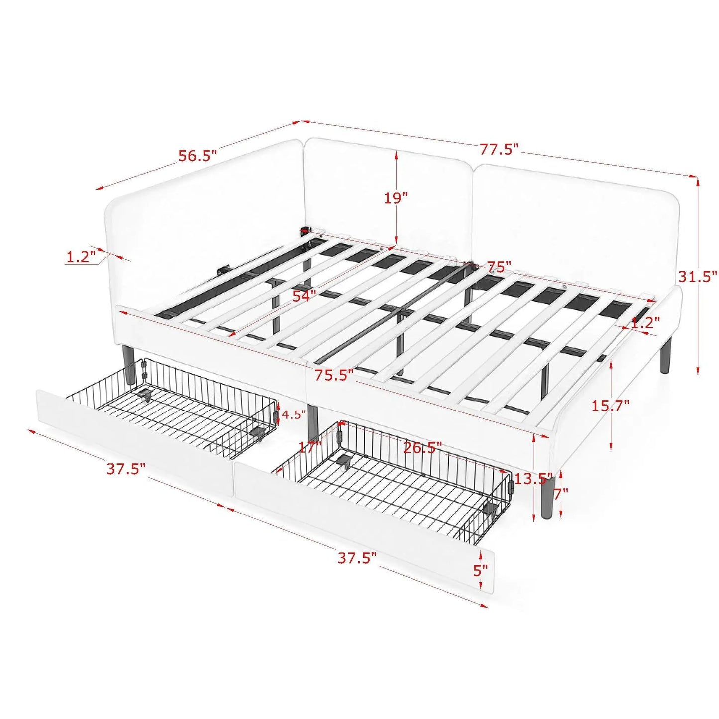 Upholstered Bed Frame With Drawers and Sofa Bed