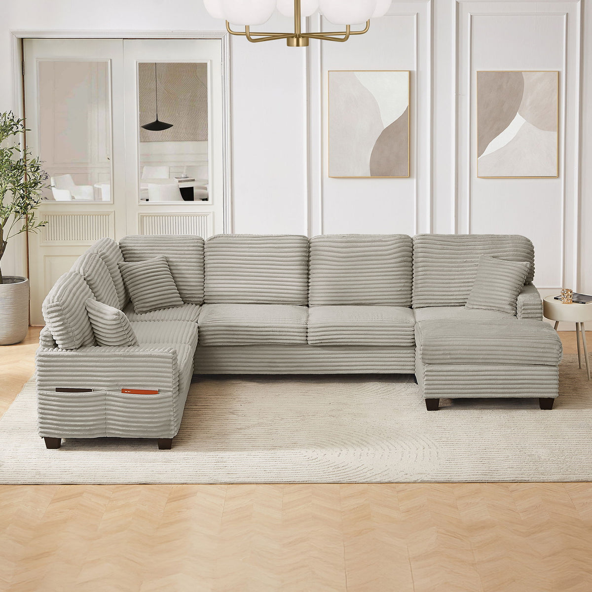 U-shaped sofa in gray ribbed fabric with movable ottoman and storage pockets HouseOfZazla on Tampa Home & Garden Store