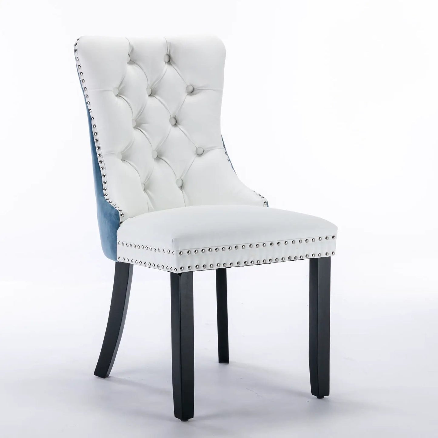 Nikki Modern Upholstered Dining Chair set of 2 white tufted nailhead trim blue sides black legs on Tampa Home & Garden Store