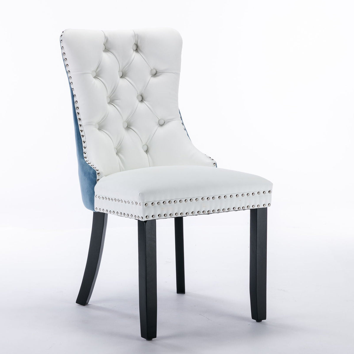 Nikki Modern Upholstered Dining Chair Set of 2 tufted nailhead trim blue panels dark legs on Tampa Home & Garden Store