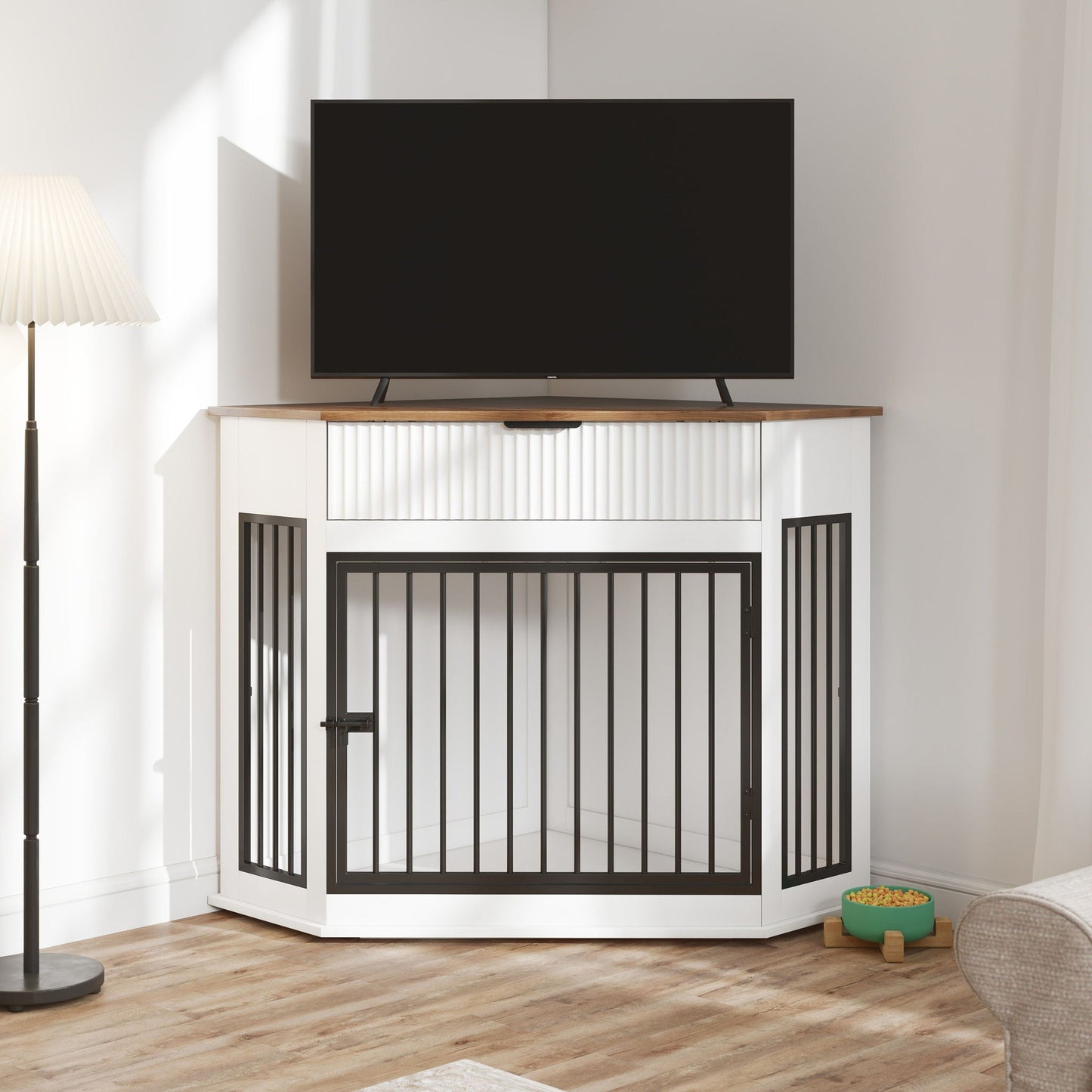 Corner dog crate by HouseOfZazla, black metal bars in white cabinet corner with wood top on Tampa Home & Garden Store