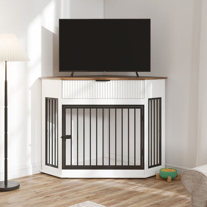 Corner dog crate by HouseOfZazla, black metal bars in white cabinet corner with wood top on Tampa Home & Garden Store