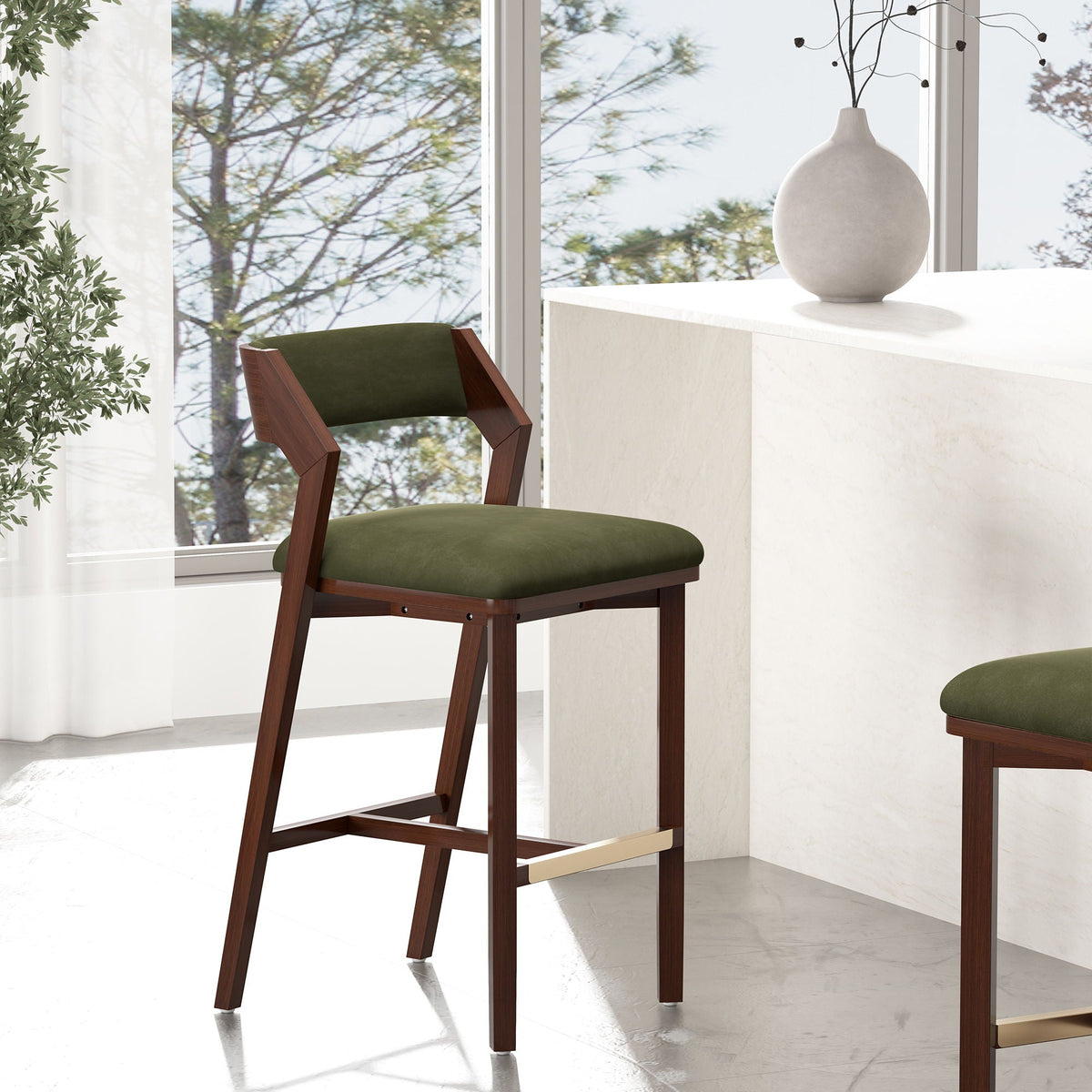 Pair of Bar Height Barstools with Backrests in dark green upholstery, wood frames on Tampa Home & Garden Store