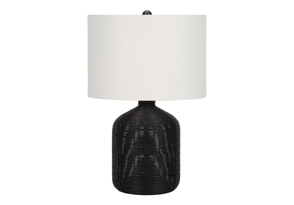 Table lamp by HouseOfZazla with black rattan base and white textured drum shade on Tampa Home & Garden Store