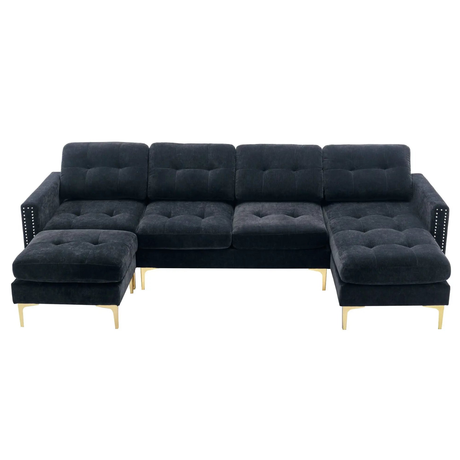 Modern L-shape sectional sofa with movable ottoman in navy velvet tufted cushions on Tampa Home & Garden Store