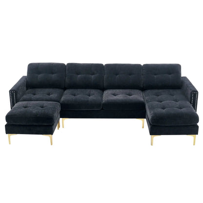Modern L-shape sectional sofa with movable ottoman in navy velvet tufted cushions on Tampa Home & Garden Store