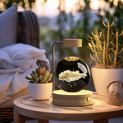 Crystal ball night light; black glass orb on wood base with copper stand, USB powered lamp on Tampa Home & Garden Store