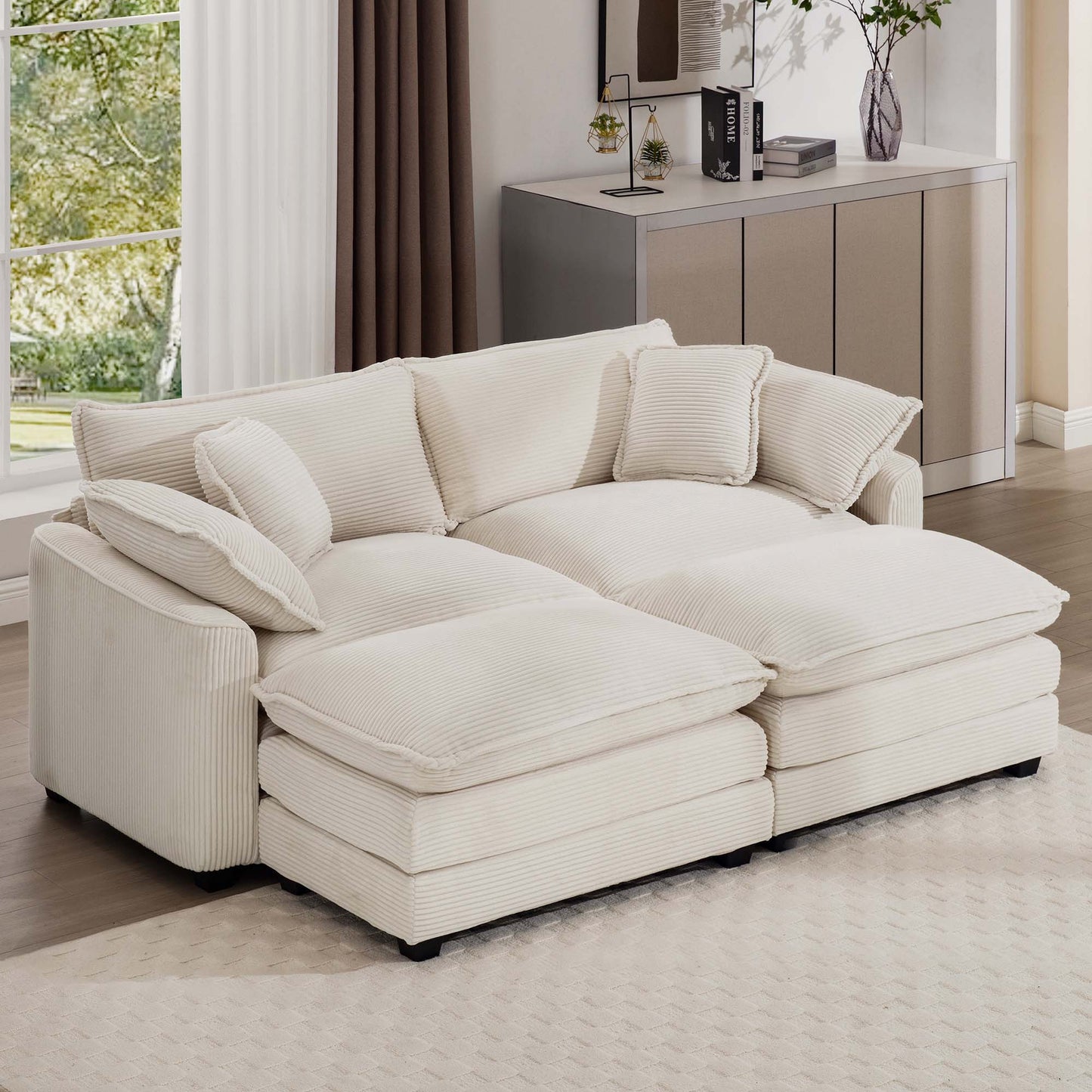 Modern oversized modular cushion sofa with ottoman in cream corduroy, deep seating, 2-piece set on Tampa Home & Garden Store