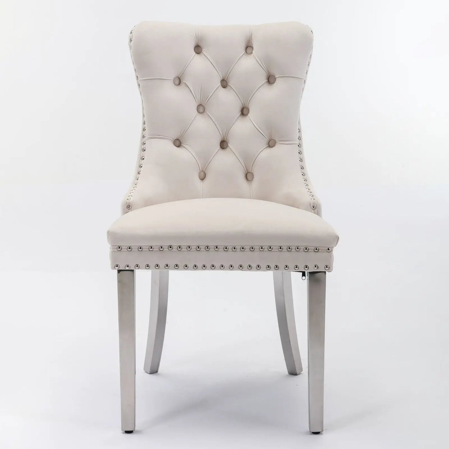 Nikki Contemporary Upholstered Dining Chair beige tufted back with nailhead trim and silver legs on Tampa Home & Garden Store
