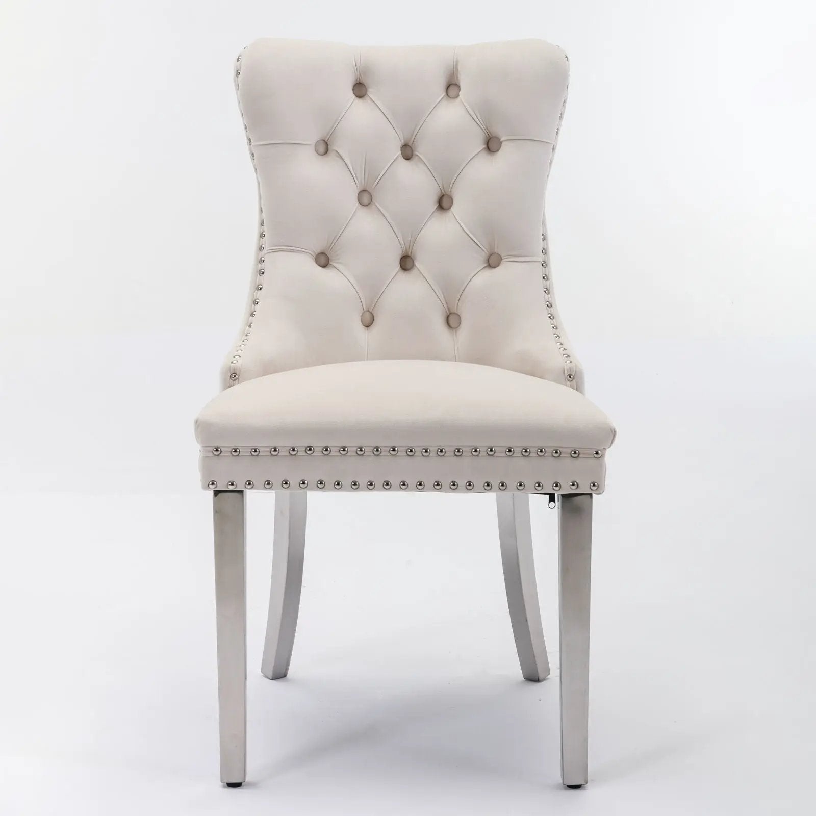 Nikki Contemporary Upholstered Dining Chair beige tufted back with nailhead trim and silver legs on Tampa Home & Garden Store