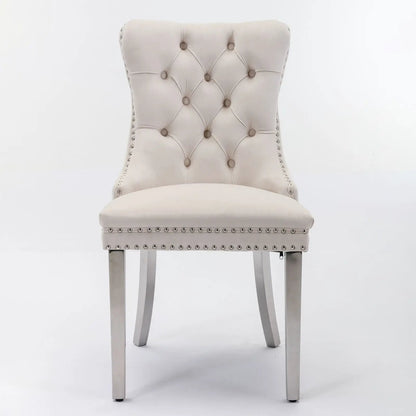 Nikki Contemporary Upholstered Dining Chair beige tufted back with nailhead trim and silver legs on Tampa Home & Garden Store
