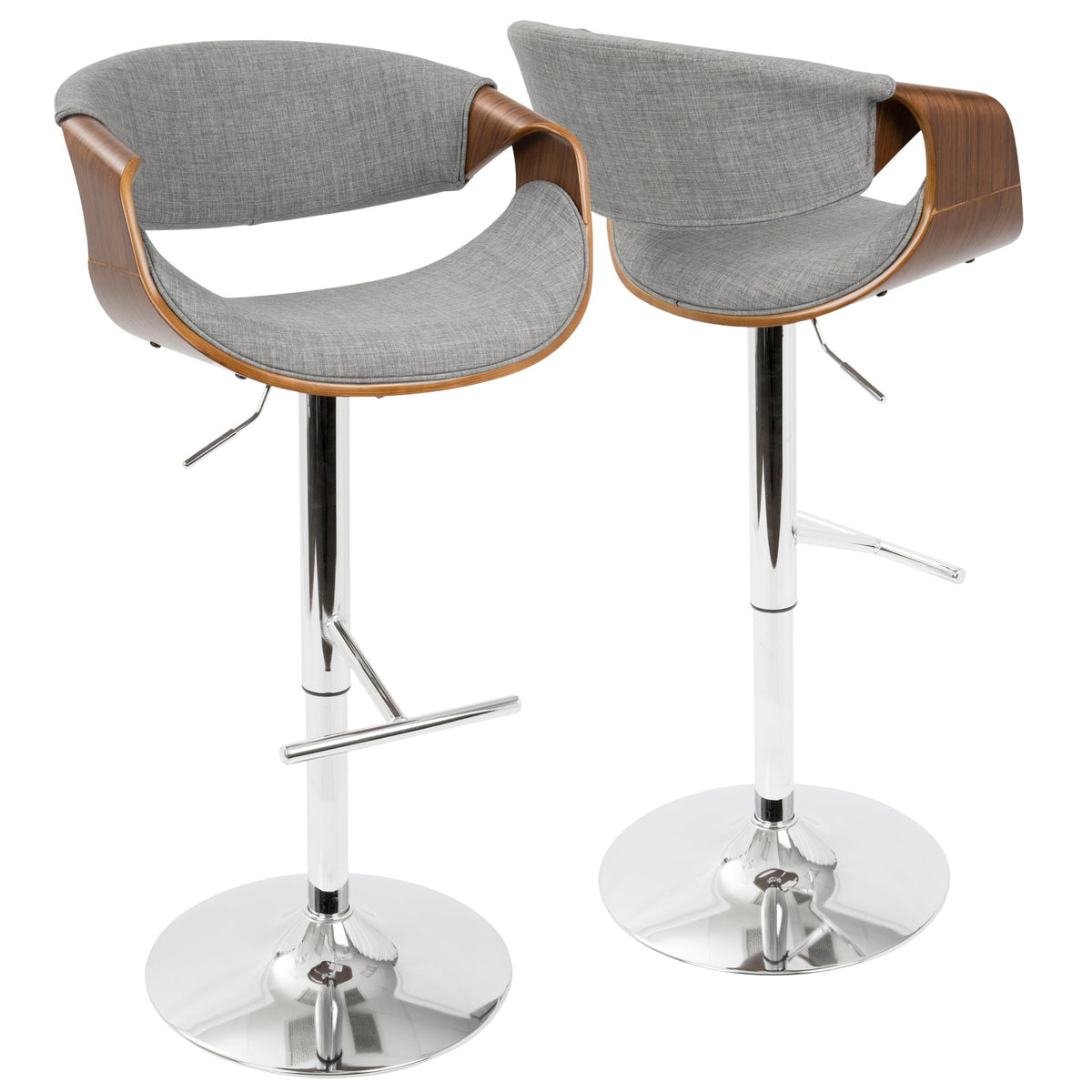 Mid Century Modern adjustable barstool pair with swivel, grey fabric seats and wood arms on Tampa Home & Garden Store