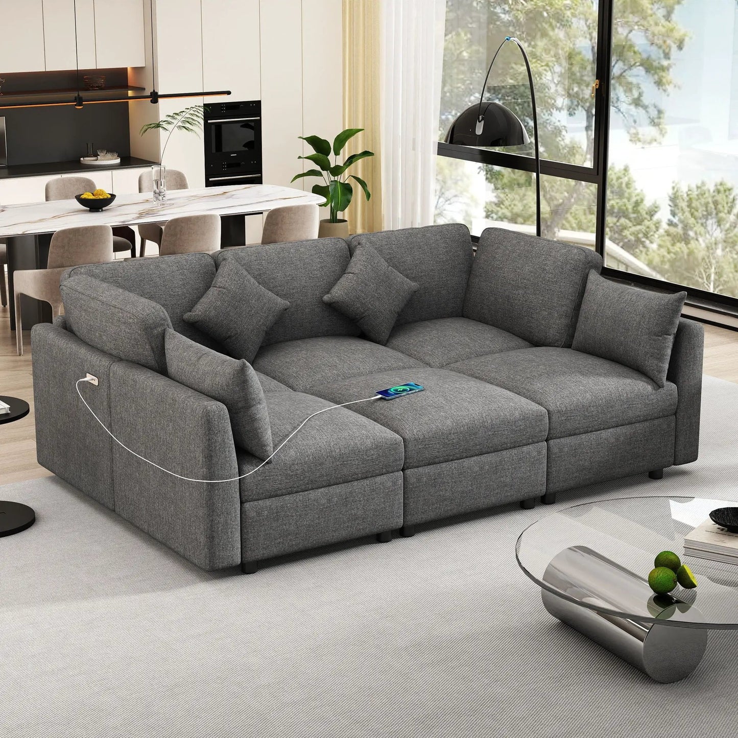 Sectional sofa U-shaped with ottoman and USB ports, gray fabric by Unique Piece Furniture on Tampa Home & Garden Store