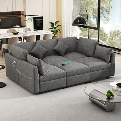 Sectional sofa U-shaped with ottoman and USB ports, gray fabric by Unique Piece Furniture on Tampa Home & Garden Store