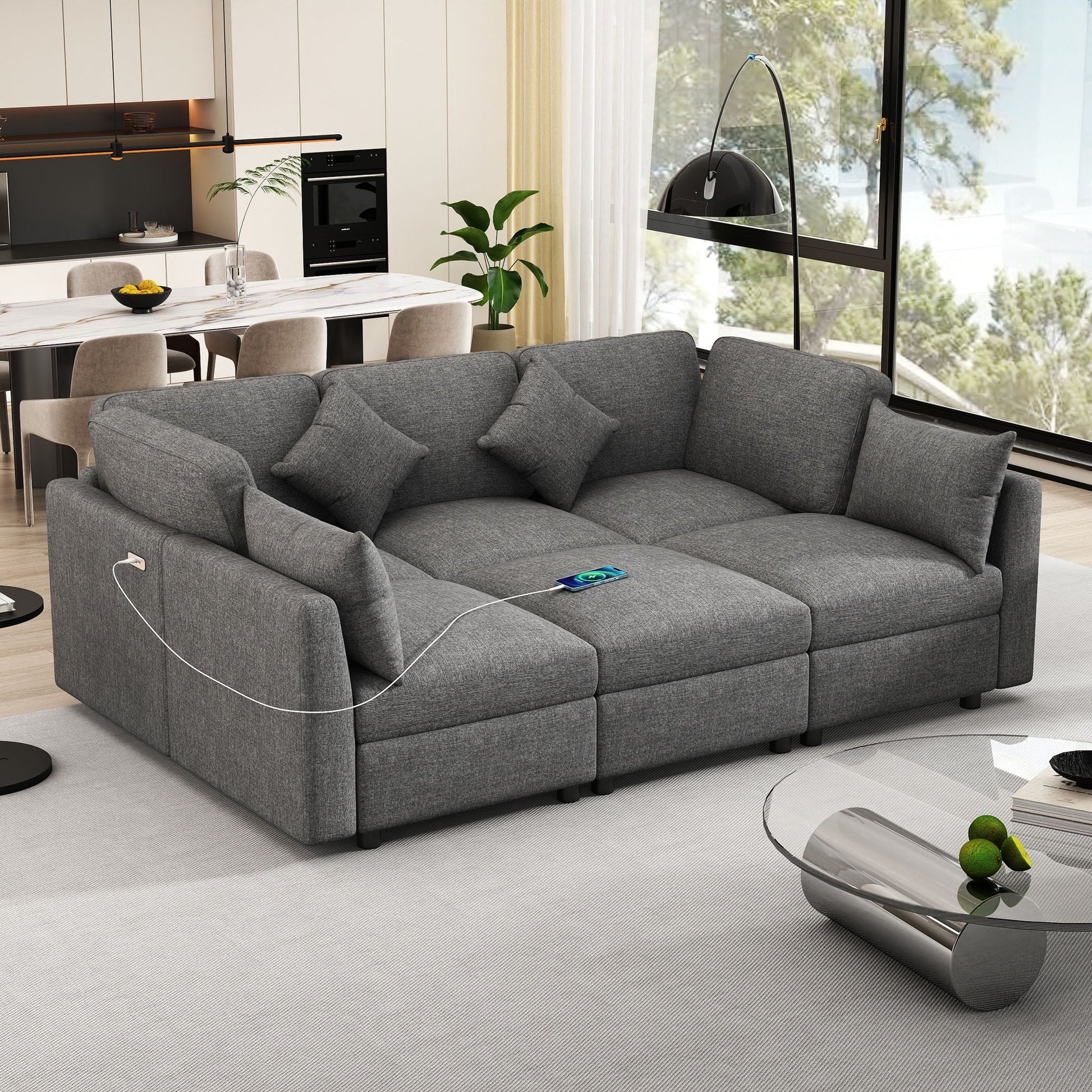 Sectional sofa U-shaped with ottoman & USB ports by HouseOfZazla in gray fabric on Tampa Home & Garden Store