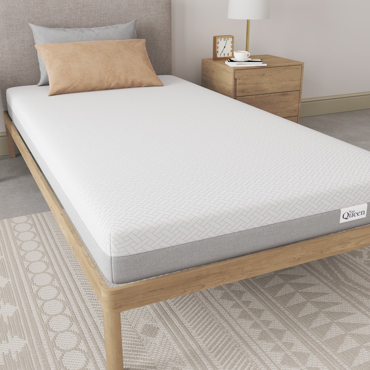 NapQueen 6 Inch Twin XL Memory Foam Mattress on wood platform bed with pillow on Tampa Home & Garden Store