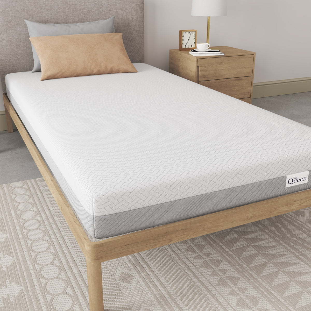 NapQueen 6 Inch Twin XL Memory Foam Mattress on wood platform bed with pillow on Tampa Home & Garden Store