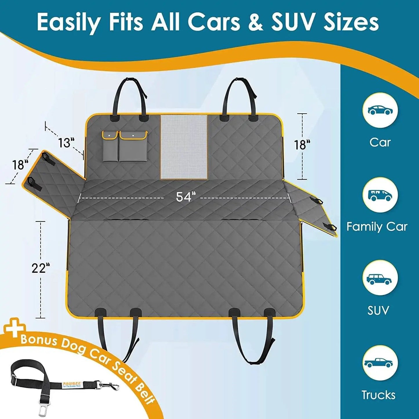 Luxury Dog Car Seat Cover Hammock gray quilted with yellow trim by The Max & Rex Collection on Tampa Home & Garden Store