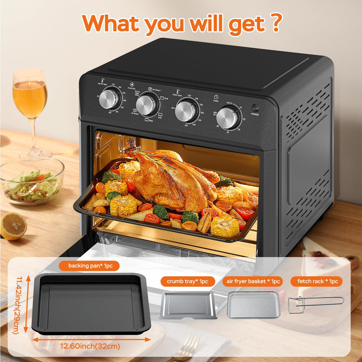 Plum Chef Family Air Fryer Oven black with knobs roasting turkey and vegetables HouseOfZazla on Tampa Home & Garden Store