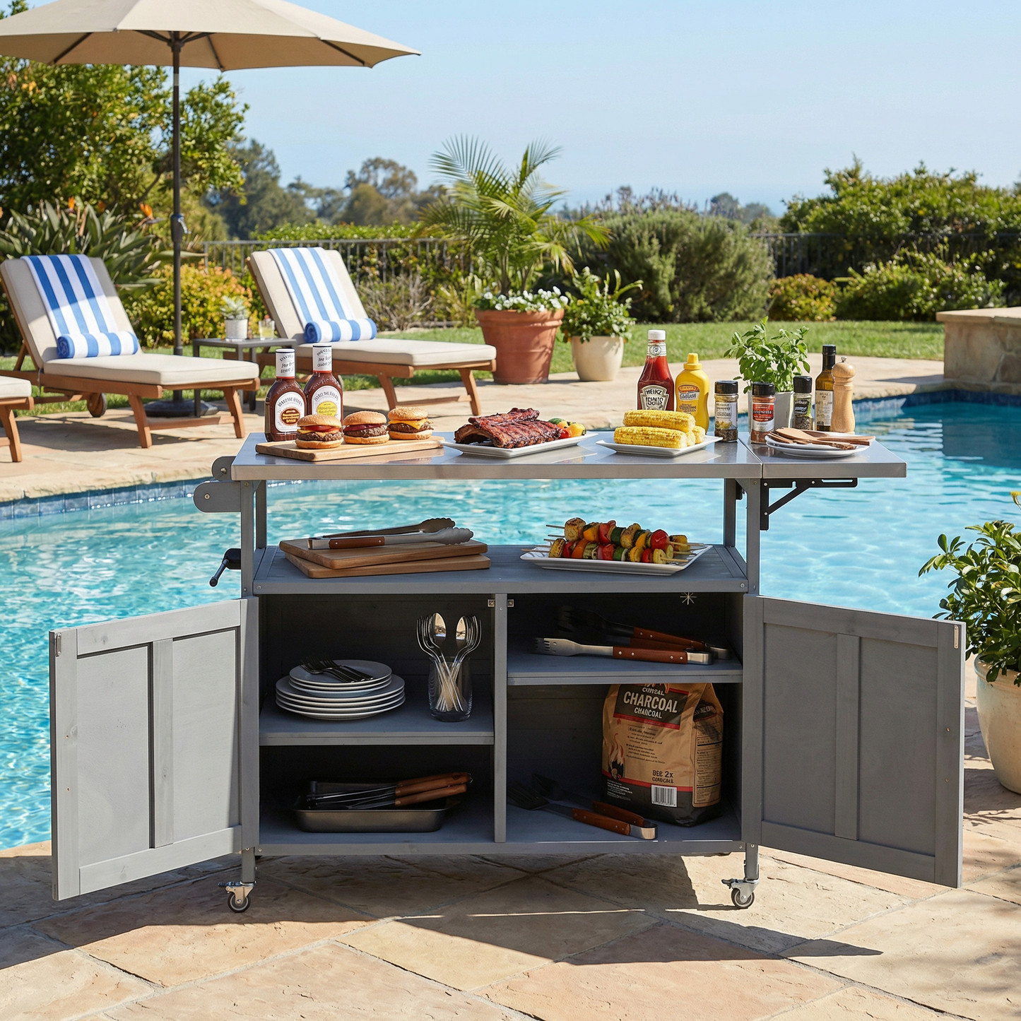 HouseOfZazla foldable outdoor kitchen island cart on wheels; gray metal cabinet with shelves by pool on Tampa Home & Garden Store