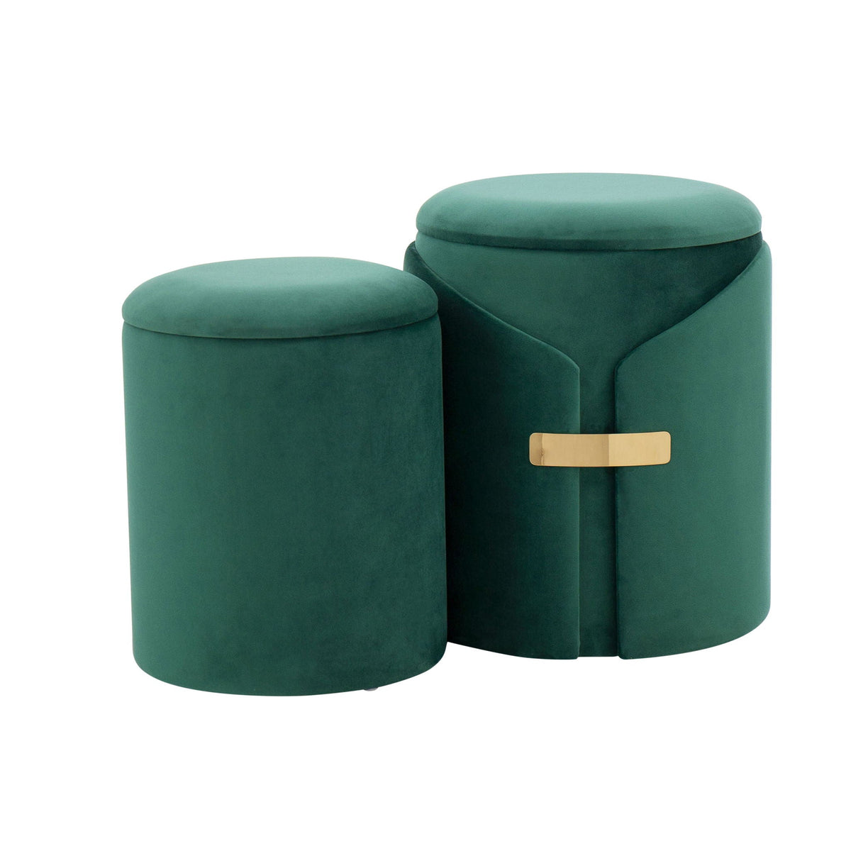 Dahlia Contemporary Nesting Ottoman Set, 2-piece green velvet with gold metal accent on Tampa Home & Garden Store