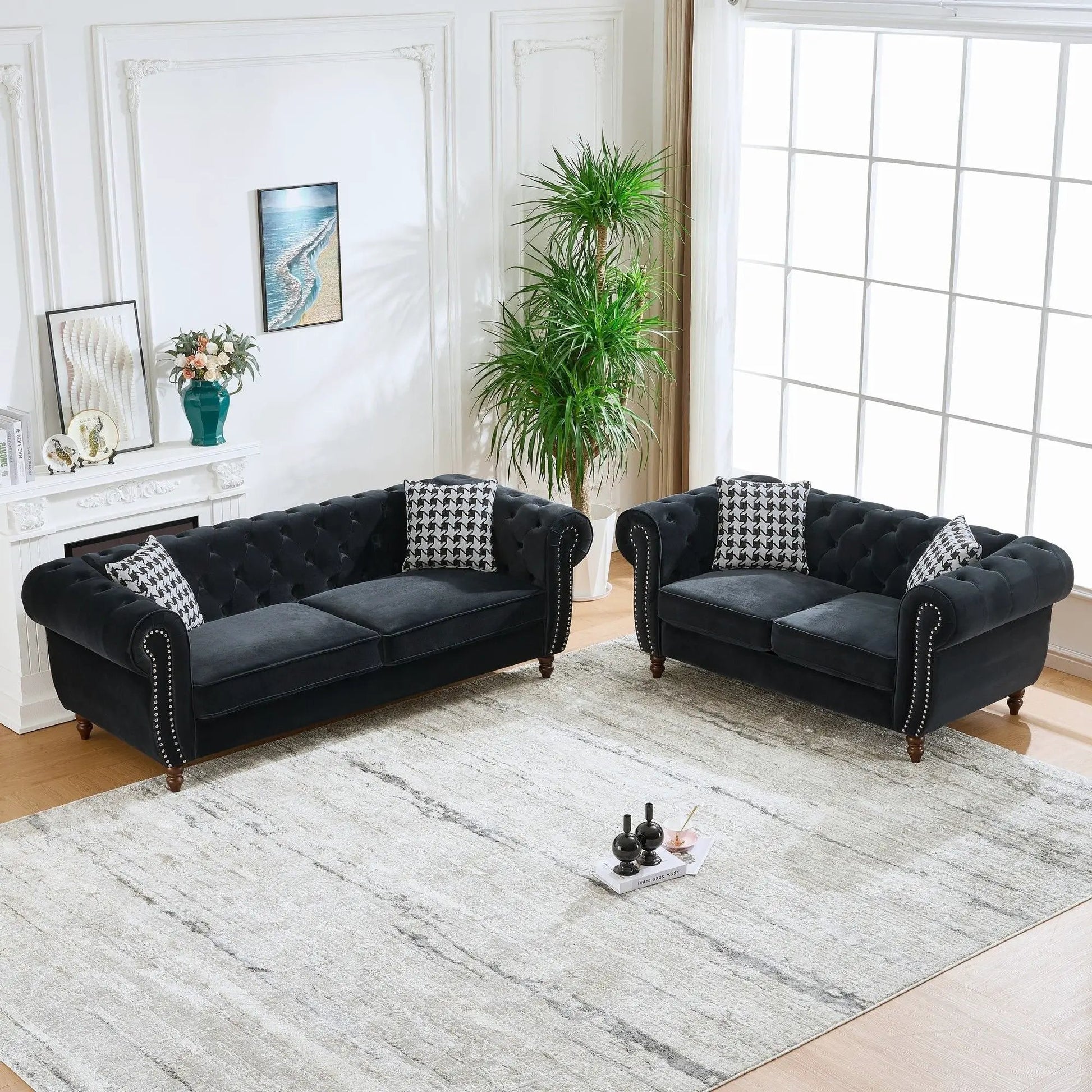 Chesterfield 3+2 Seater Sofa set in black fabric with roll arms by Unique Piece Furniture on Tampa Home & Garden Store