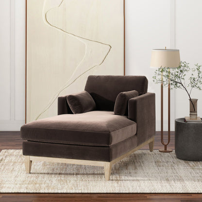 Modern farmhouse chaise lounge chair with removable cushions in brown fabric on Tampa Home & Garden Store