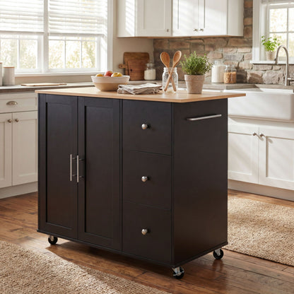Mobile kitchen cart with storage, black base & natural wood top, 2 doors & 3 drawers on wheels on Tampa Home & Garden Store