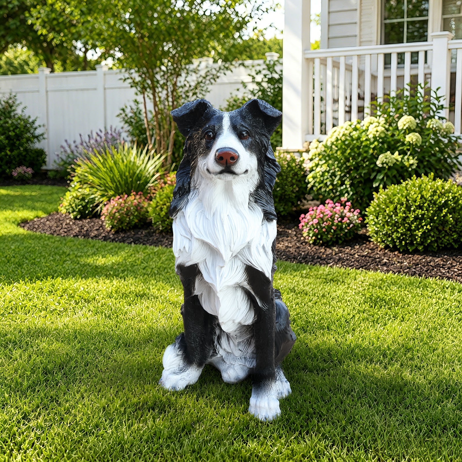 Outdoor Border Collie dog statue greeter in black and white, HouseOfZazla garden sculpture on Tampa Home & Garden Store